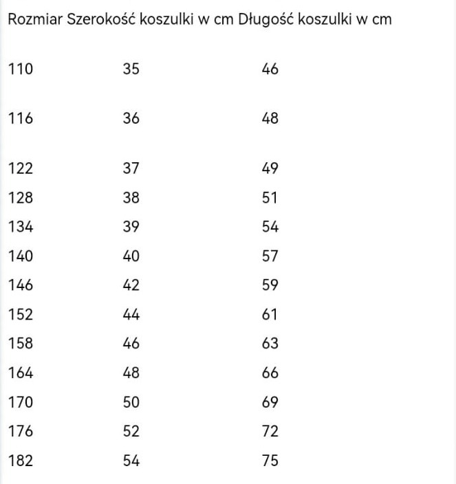 Tabela rozmiarów koszulki: rozmiar, szerokość, długość